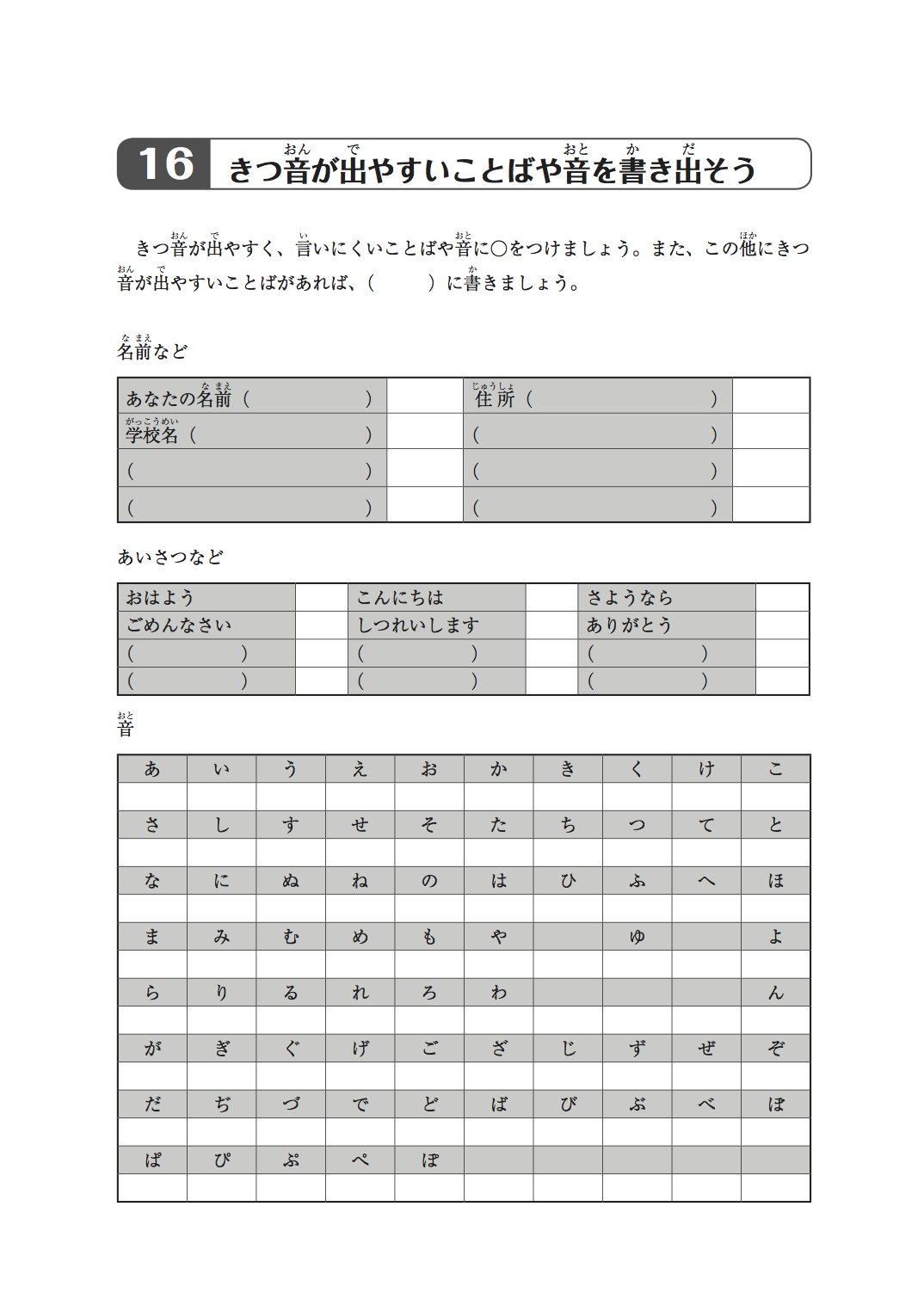 16きつ音が出やすいことばや音を書き出そう